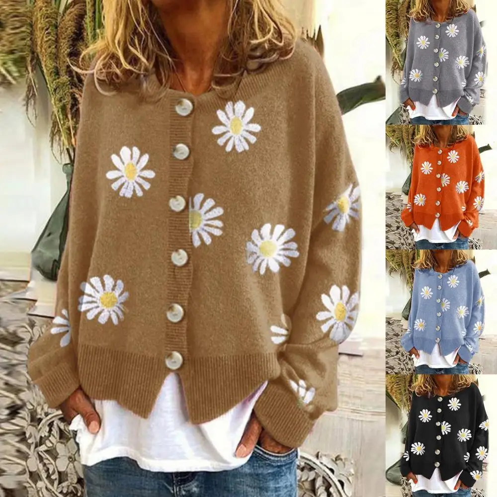 

Women Long Sleeve Marguerite Print Sweater Cardigan Autumn Knitted Jacket Coat Jumpers Female Knit Sweater