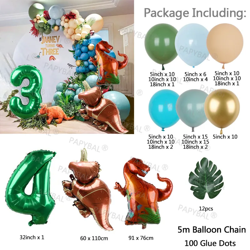 Globos de dinosaurio para cumplea&ntilde;os, guirnalda de arco para ni&ntilde;os, globo de papel de aluminio verde, jungla, Safari, Fiesta Tem&aacute;tica-3