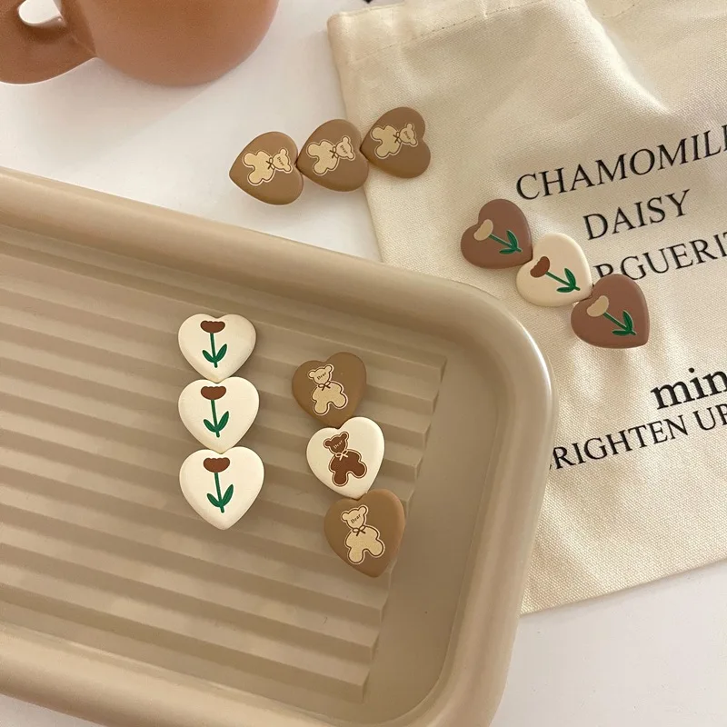 

Mocha Coffee Color Hairpins For Women Cute Love Little Bear Tulip Printing Hair Clip Side Bangs Girls Hair Accessories Side Clip