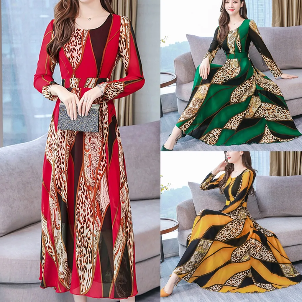 Женское модное осеннее платье до щиколотки с круглым вырезом длинным рукавом и