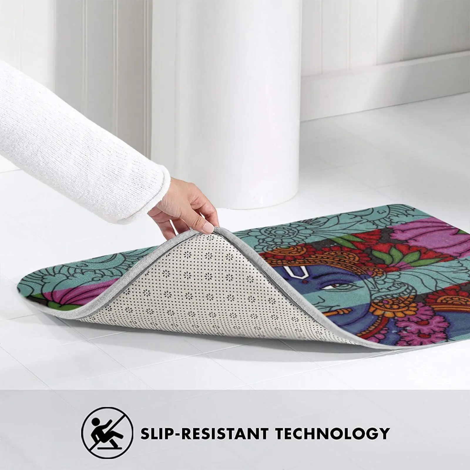 Харе Рама Кришна ковер-коврик противоскользящий для спальни и входной двери с Кришной Гопалой, Исконом и Вишну на нём.