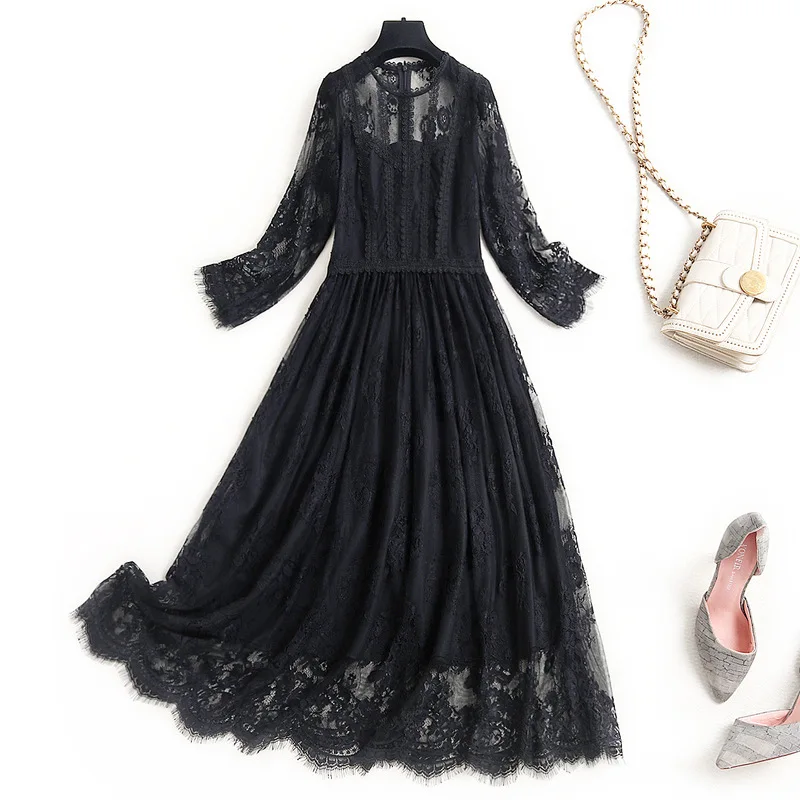 

Shuchan Black White Lace Dress Vintage Spring/Autumn 2021 New Three Quarter Sleeve Mid-Calf A-Line Solid Vestido Feminino