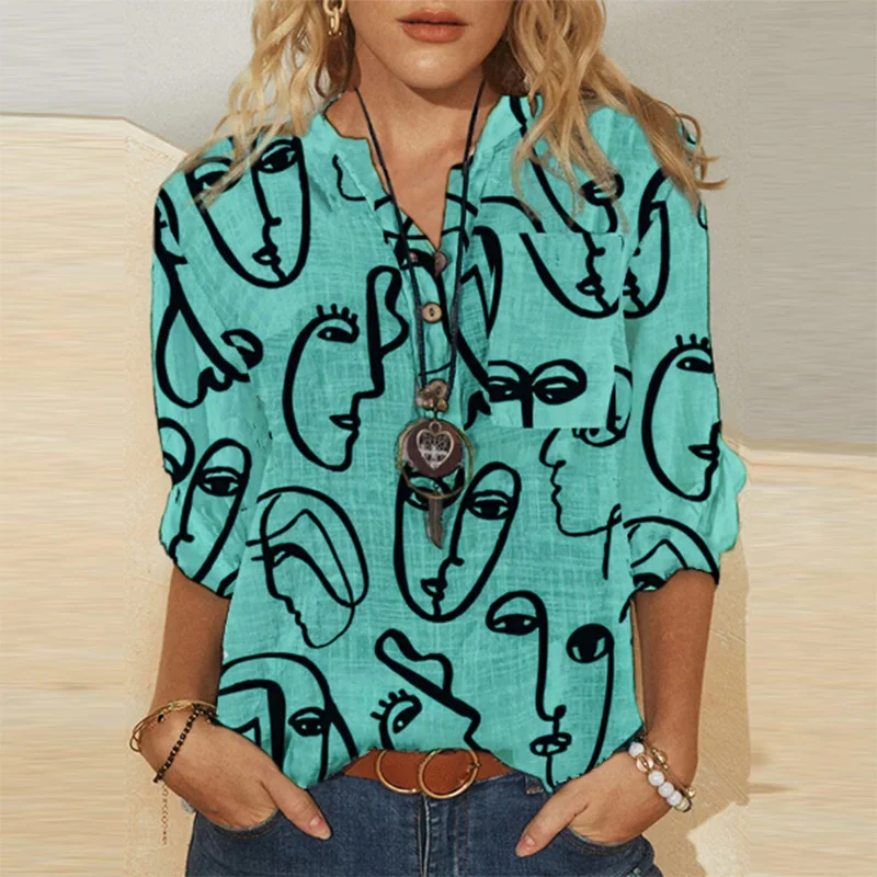 

Fashion Abstract Printed Blouse Women Shirts Spring Summer Elegant Button Design Tops Female Elegant Long Sleeve Blusa Pullovers