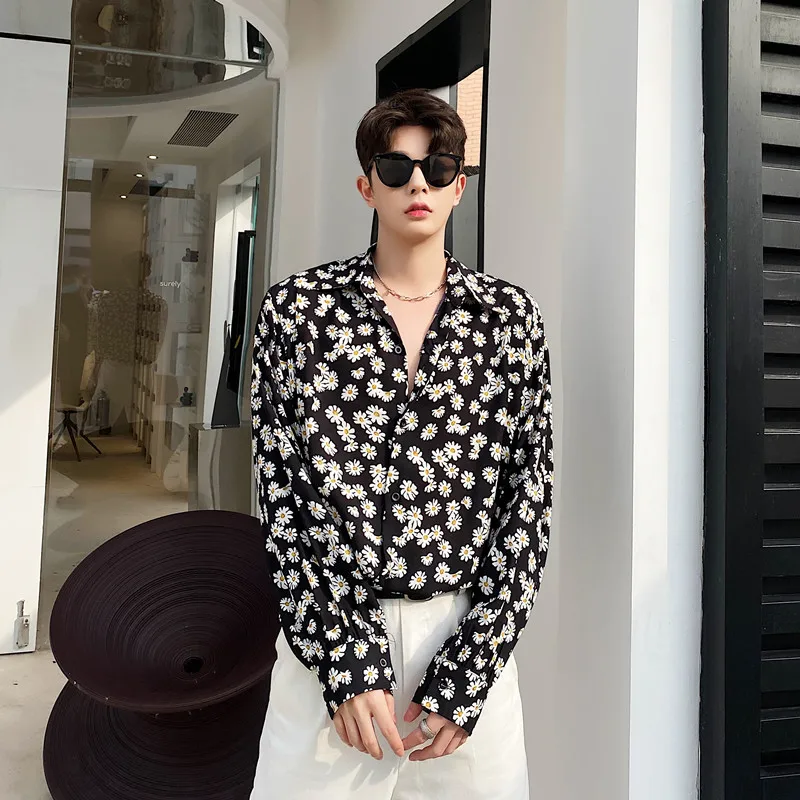 Мужская Повседневная рубашка с длинным рукавом и цветочным принтом мужская