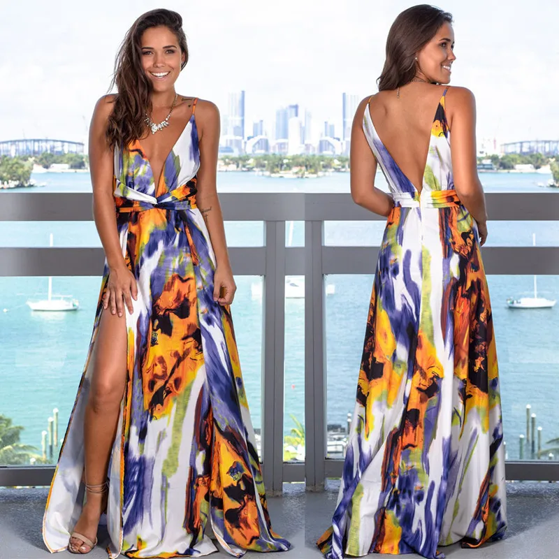 Летнее Длинное Платье Макси сексуальное платье на тонких бретельках для