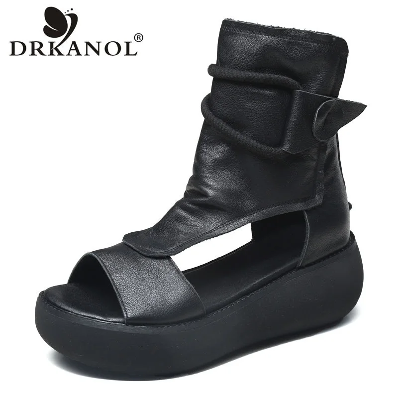 

Босоножки женские DRKANOL, из натуральной коровьей кожи, на танкетке, с высоким верхом, с открытым носком, на молнии сзади, летние