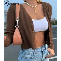 rockmore sweater knitwear women autumn long sleeve v neck knitted cardigans harajuku korean brown crop tops solid outwear