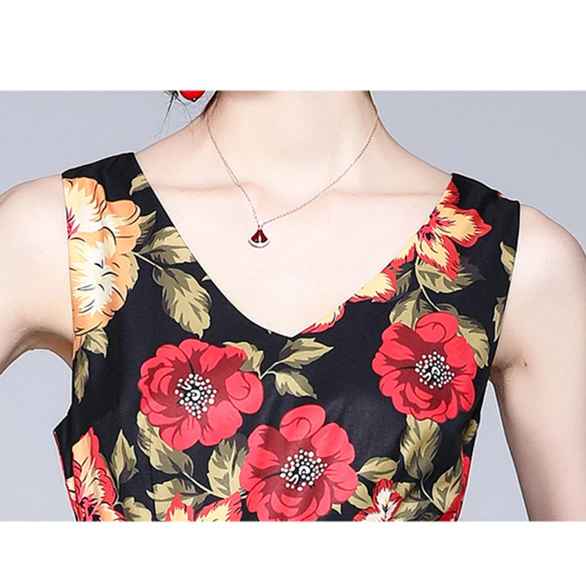 

Vintage Floral Print Dress Summer High Quality Fashion Slim Waist Mini Dress Women Sleeveless V-Neck Runway Sundresses Holiday