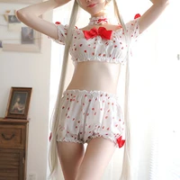 sexy sweet strawberry print lingerie transparent set uniforms school girl kawaii anime cosplay bowknot pajamas with choker
