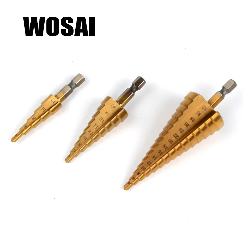 WOSAI 3 шт. HSS титановое покрытие ступенчатое сверло электроинструменты для