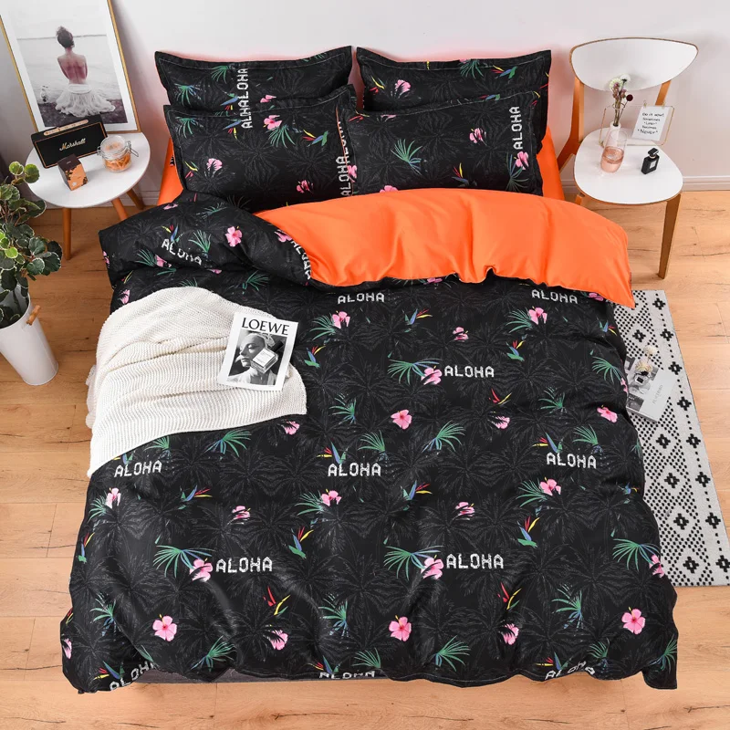 

Bedding set 4pcs duvet cover quilt cover sets, bed sheet, pillowcases, black, pink flower print bedding set