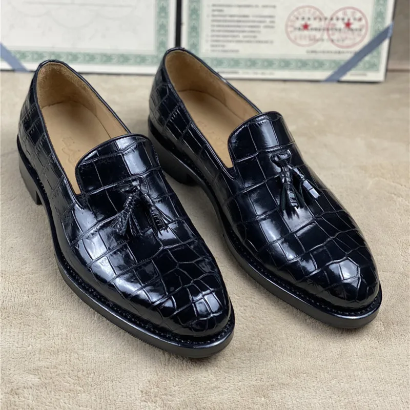 

Authentic Crocodile Belly Skin Men's Dress Shoes Genuine Alligator Leather Italian Cowskin Outsole Male Slip-on Tassel Loafers