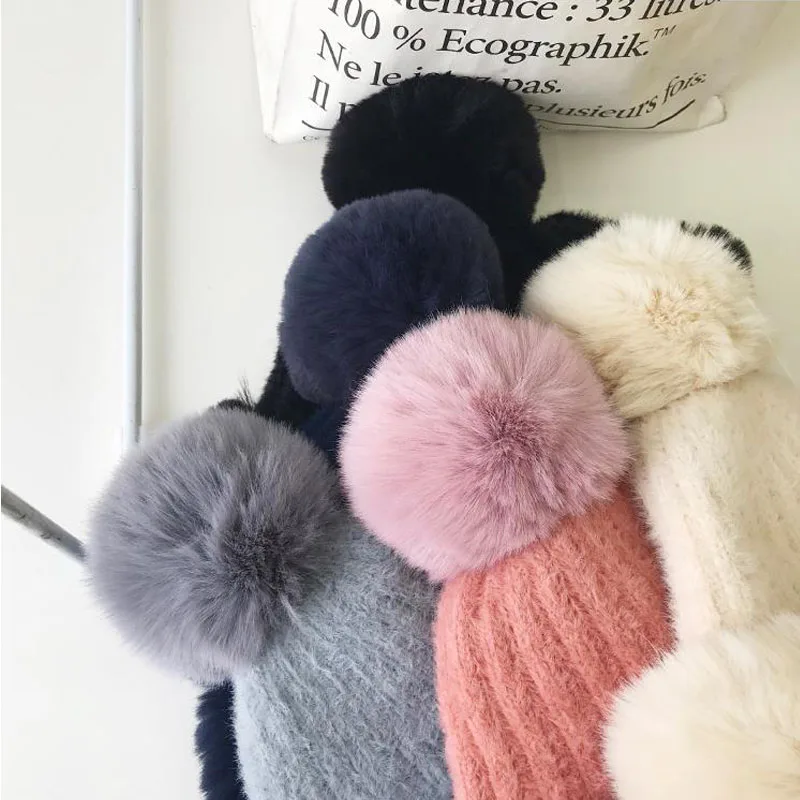Зимние женские одноцветные вязаные шапки Faxu Fox Pom, шапки-Бомберы, Русская Шапка для девушек, теплая плотная Лыжная шапка для защиты ушей, Шапка-бини