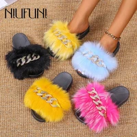 niufuni flat shoes slides autumn metal chain rhinestone rabbit fur womens slippers open toe soft comfortable slip on slippers