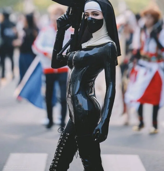 Женские латексные колготки полностью покрывающие черные с капюшоном и маской