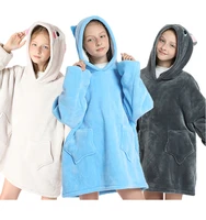 new children oversized hoodie blanket warm printing plush coral fleece blanket with sleeves wearable blank christmas gift