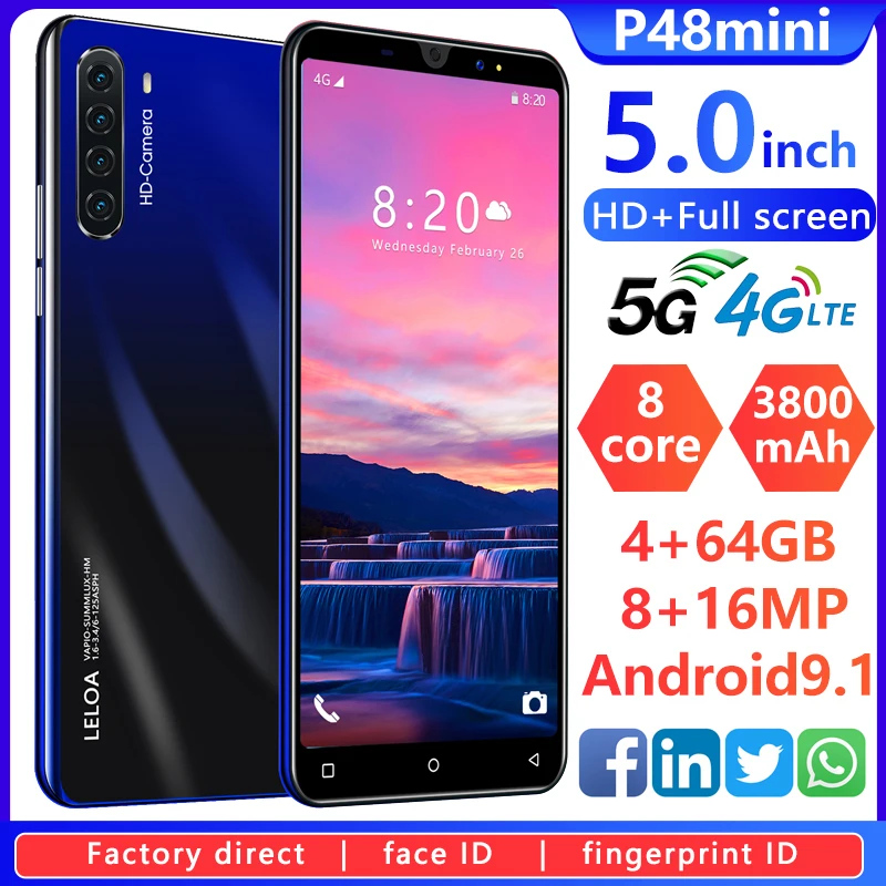 

Newest Global Version P48 Mini 5G 5.0 Inch 8+16MP HD Camera 3800mAh 8Core 4+64GB Android9.1 Fingerprint ID Smartphone