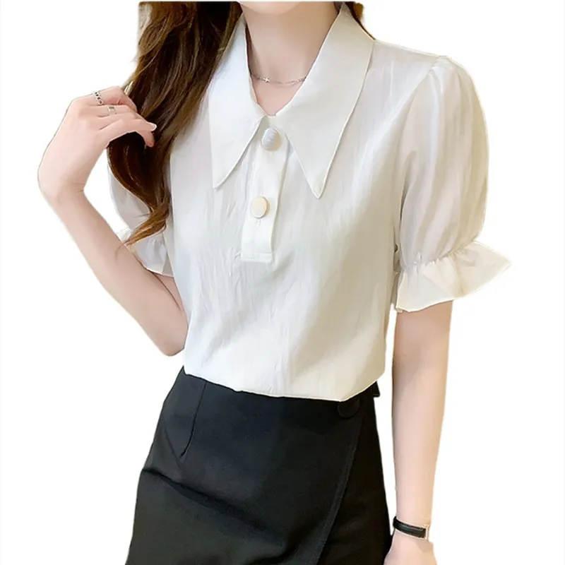 

Summer Women's Shirt White Polo Neck Blouses for Women Short Sleeve Shirt Women's Clothing 2021 Female Petal Sleeve Basic Shirts
