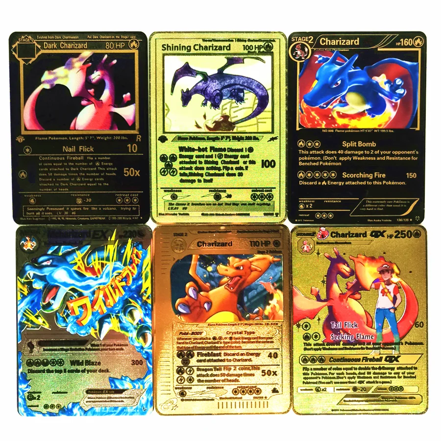 TAKARA TOMY Pokemon металлическая карточная игра Аниме Боевая карточка Золотая Charizard Pikachu