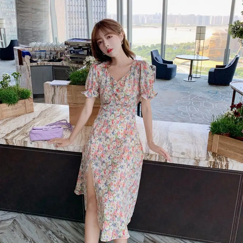 Летнее женское пляжное платье французское шифоновое с V образным вырезом и