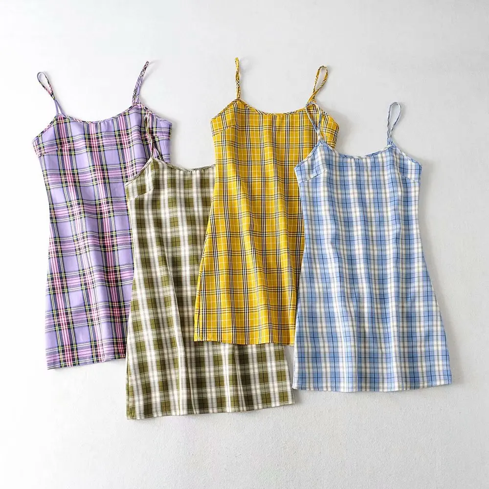 

Vintage Summer Cottagecore Y2k Sweet Plaid Spaghetti Straps Mini Dress Robe Casual Loose High Streetwear Female Vestidos Mujer