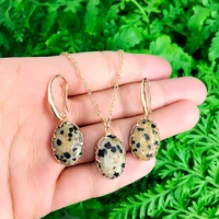 komi oval shaped speckled stone topazs aventurine chain necklace pendant dangle earrings jewelry set for woman gift