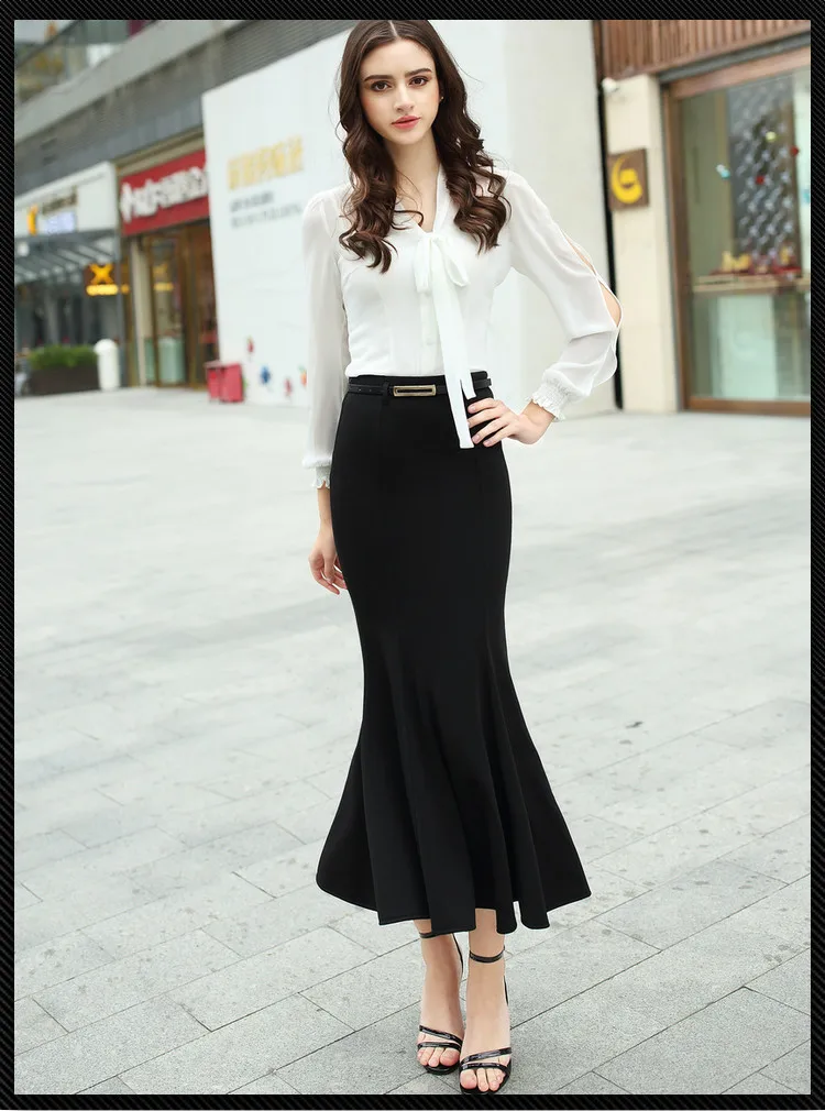 Long Skirt Women Fish Tail Black With Belt Mid-calf Length Spring Autumn Mermaid Trumpet Empire High Waist Stretchy B90591 | Женская