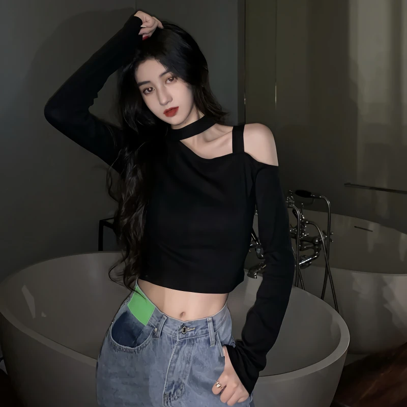 

Lesavir Plus Size Hot Girl Black Irregular Strapless Long Sleeve Korean Sexy Halter Slim Women Top Summer Black Casual T Shirt