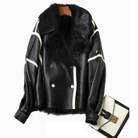 2020 new fashion tuscan wool black lapel shearling genuine leather locomotive women jacket with pocket real leather jacket