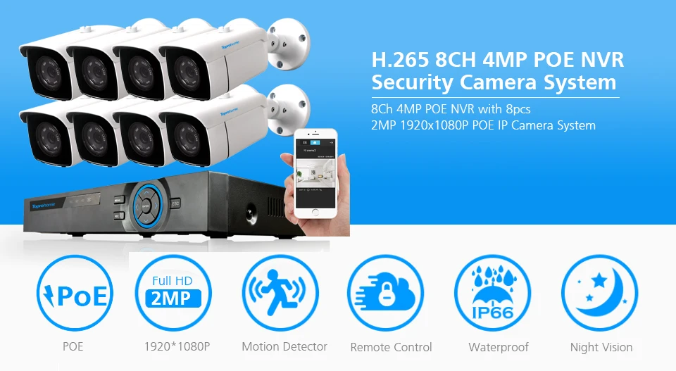TOPROHOMIE H.265+ 8CH POE NVR комплект 48 В 2MP день ночное аудио запись Водонепроницаемый POE Комплект ip-камеры 8CH 1080P система наблюдения камеры