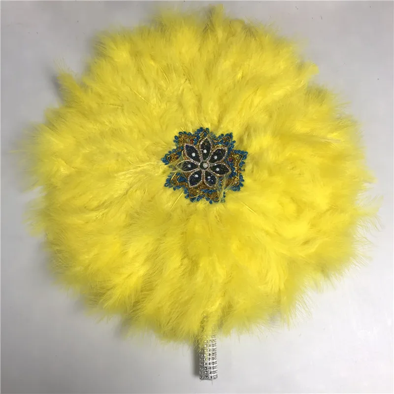 

4pcs African Yellow Turkey Feather Hand Fan Handmade Fans for Wedding Decoration Hand Fan with Stone Double-sided Feather Fan-30