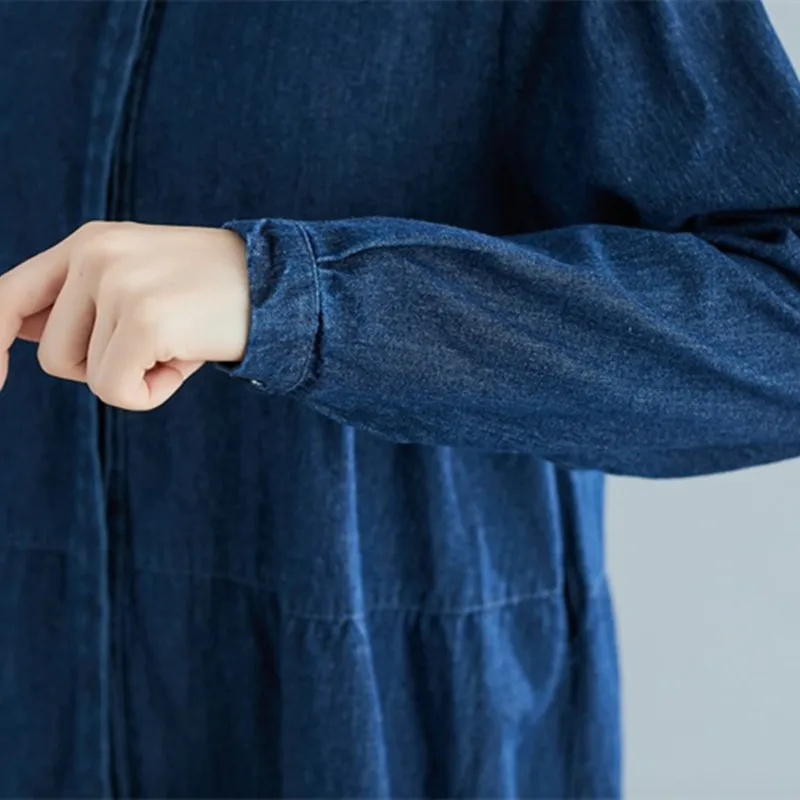 

Johnature New Korean Casual Denim Turn-down Collar Long Coats 2021 Spring Jeans Single-breasted Women Jackets