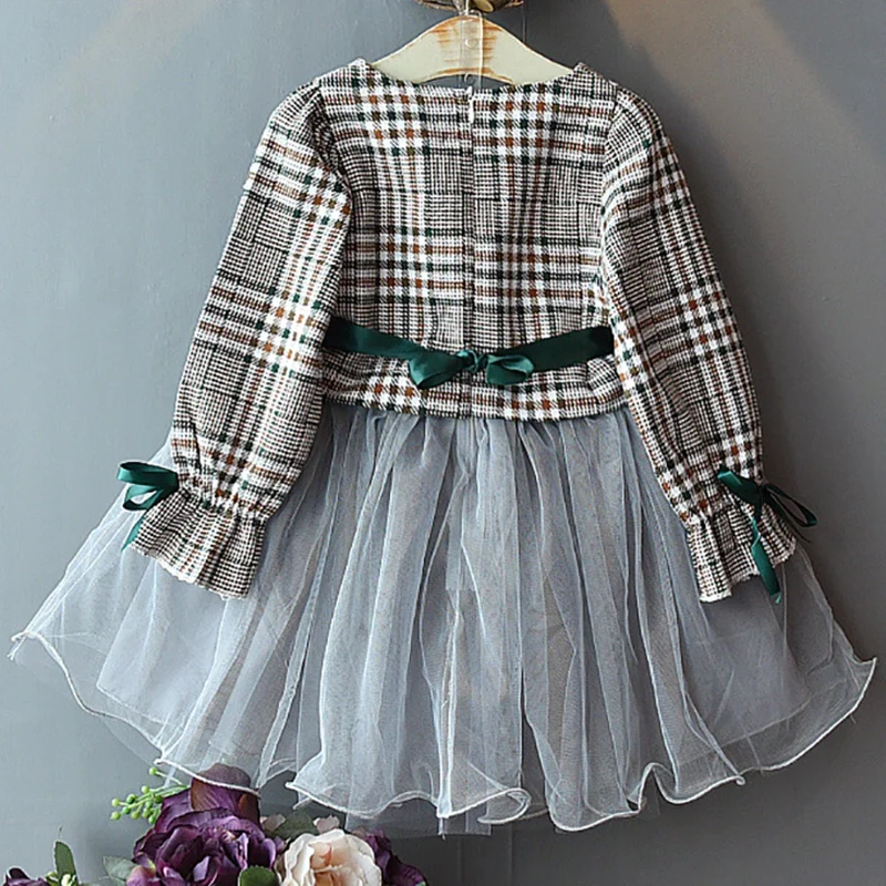 Осеннее повседневное Сетчатое платье в клетку с длинными рукавами стиле пэчворк