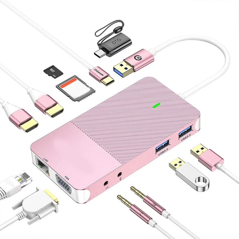 

Многопортовый концентратор типа C 11 в 1, двойной HDMI-совместимый VGA Rj45 USB3.0 AUX SD TF SSD