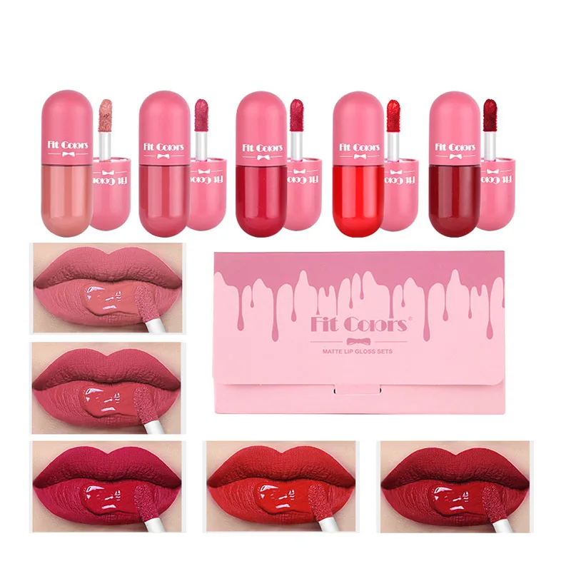 

Free shipping Mini capsule lip gloss 5 color set box, velvet matte non-stick cup color liquid Hua makeup lipstick set lipgloss