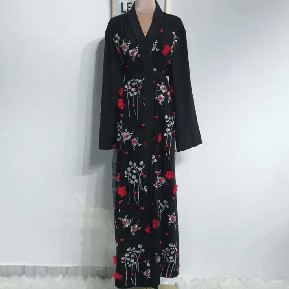 Модное мусульманское Розовое Кимоно с цветочной вышивкой Abayas Дубай Арабский