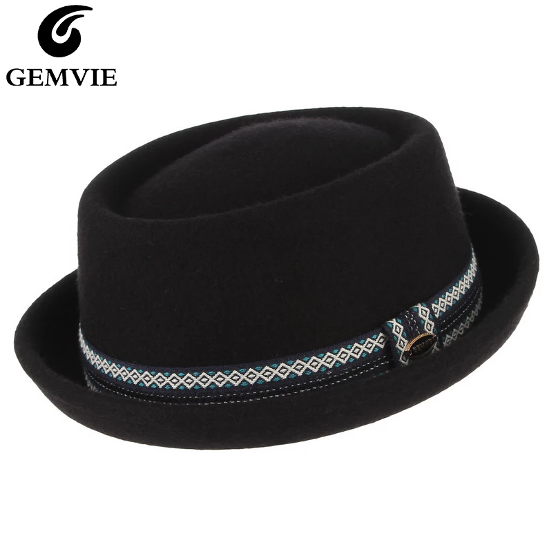 

Шляпа-федора GEMVIE с изогнутыми полями для мужчин и женщин, 100% шерсть, фетр, свиной пирог, полосатая, Осень-зима