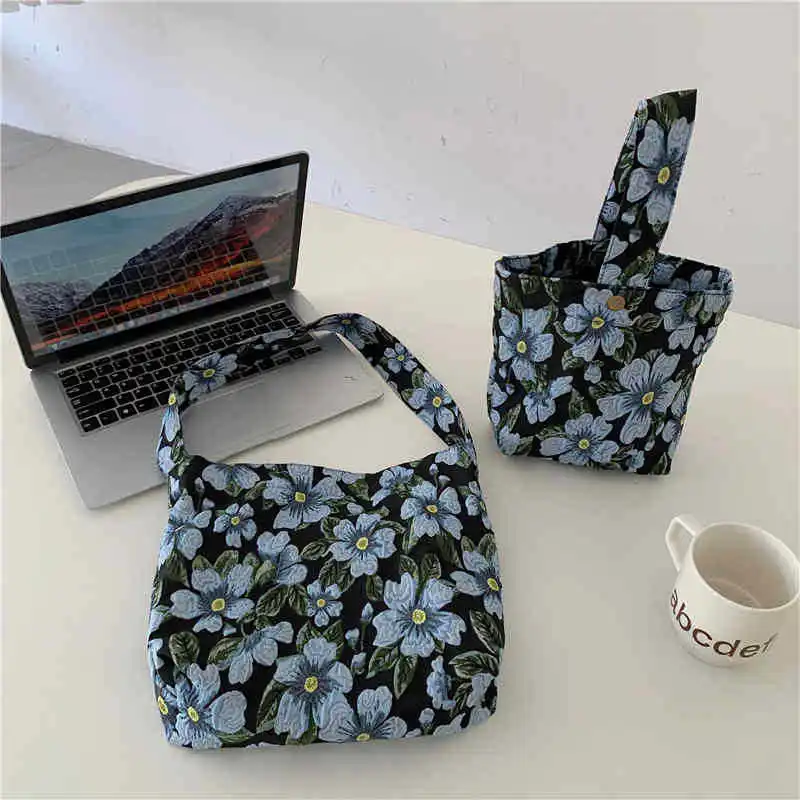 

Stereo Jacquard Retro Underarm Bag Blue Flower Girl Shoulder Bag Student Canvas Bucket Bag Cheap Women's Bag with Free Shipping