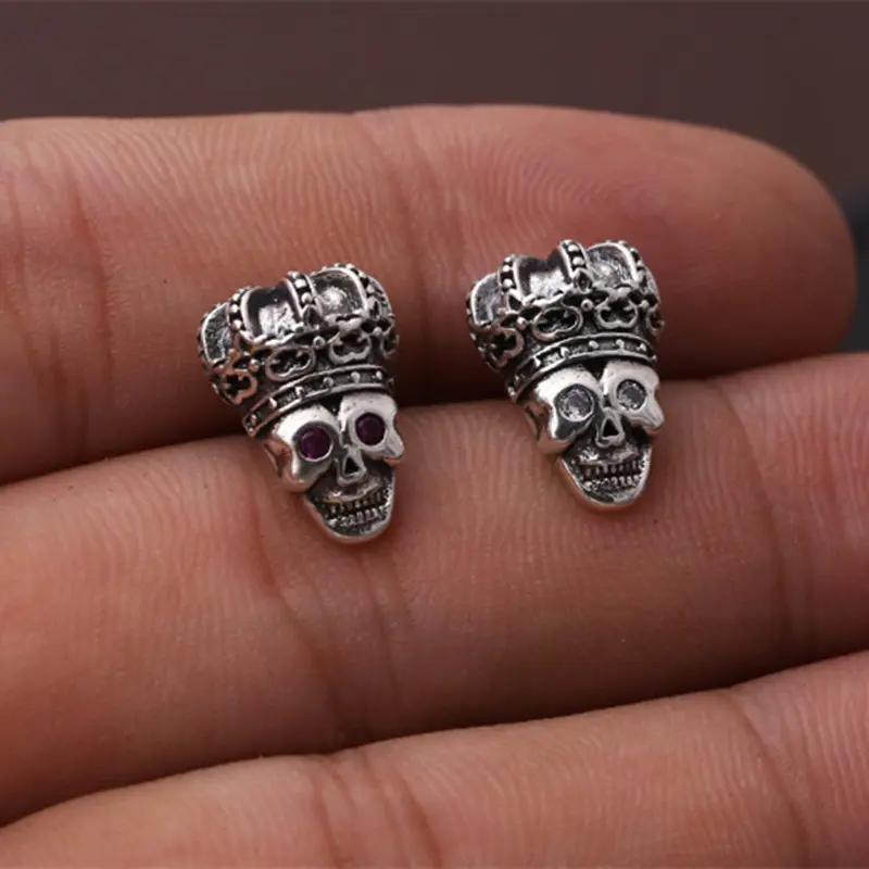 Серьги-гвоздики из серебра 925 пробы с короной и черепом для мужчин и женщин, ювелирные украшения из тайского серебра 925 пробы с розовыми/проз...