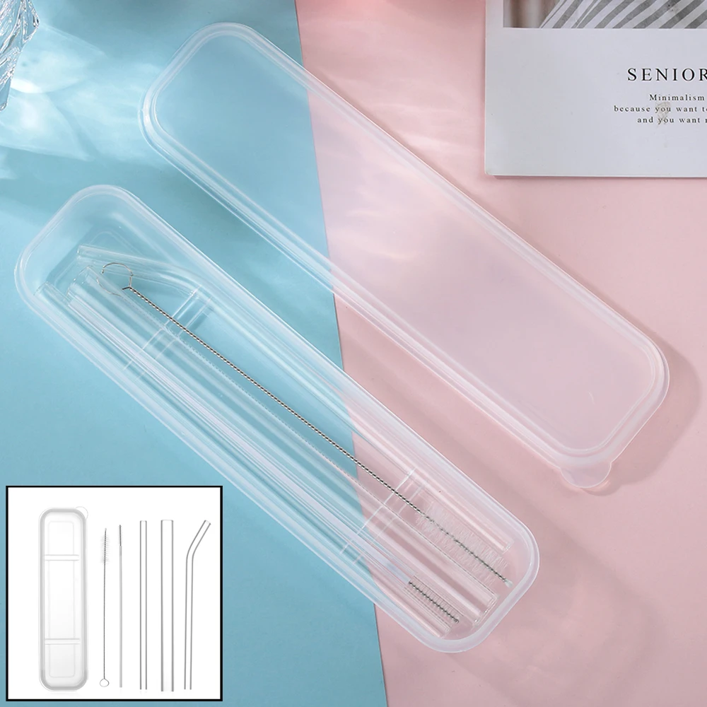 6Pcs/Set Reusable Transparent Glass Straight Bent Straws Clean Brush Plastic Box Kitchen Bar Drinking |