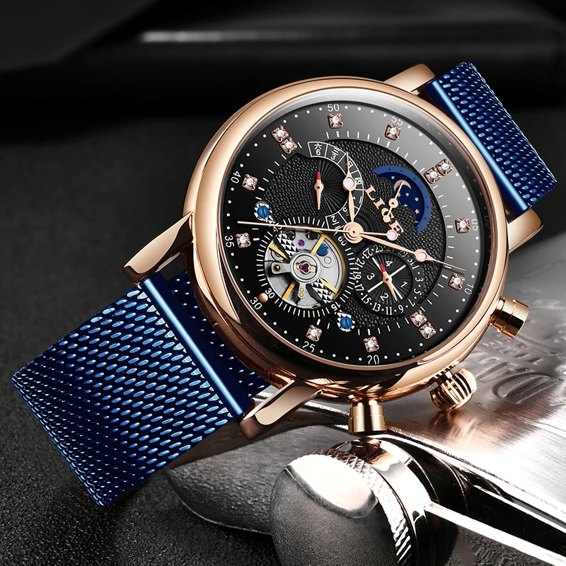 LIGE модные деловые мужские автоматические часы с сетчатым ремешком