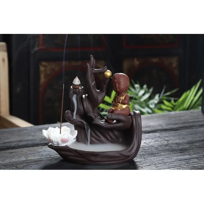 

Buddha Hand Backflow Incense Burner Smoke Waterfall Incense Cone Sticks Holder Small Monk Aromatherapy Furnace Ceramic Ornaments