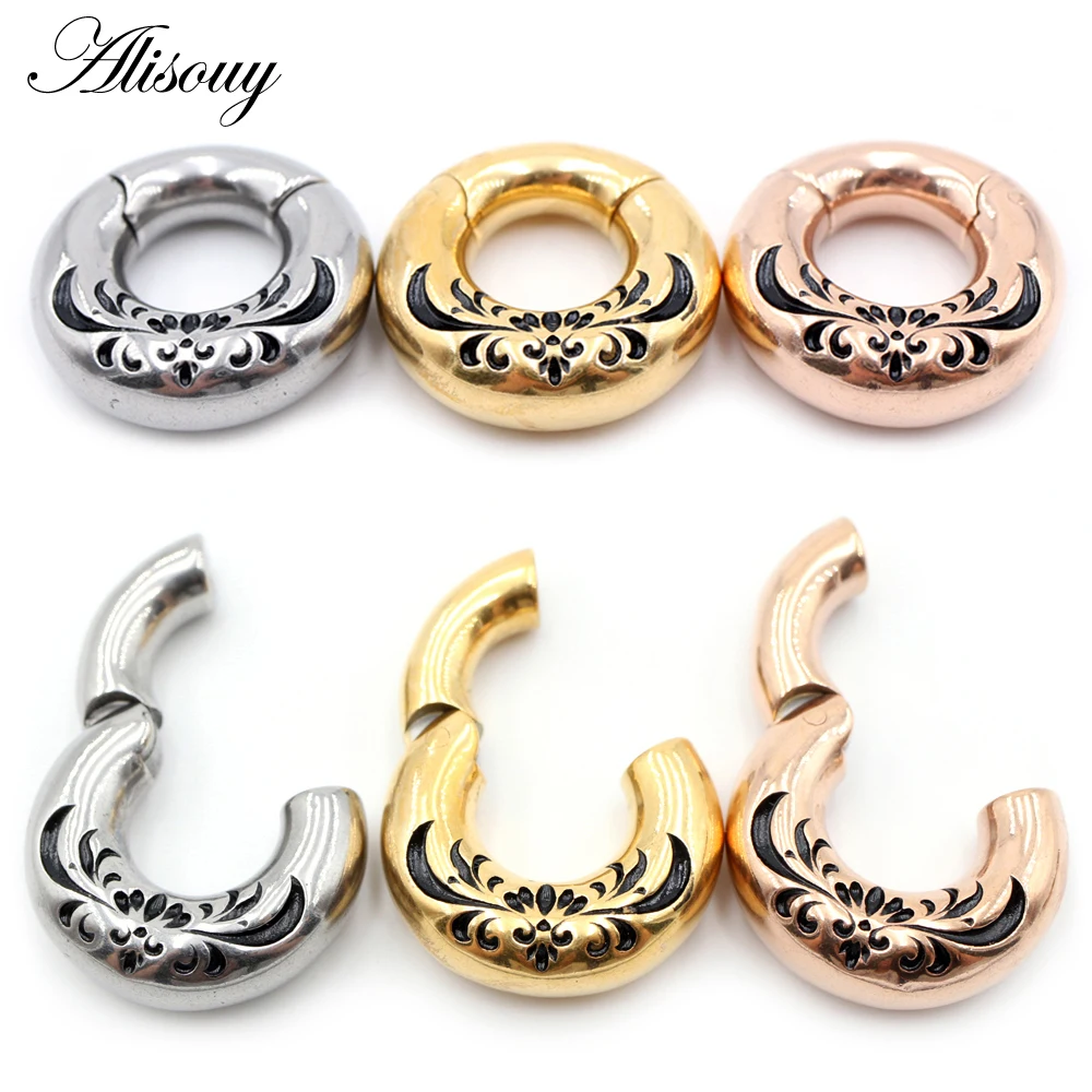 Alisouy 1PC Retro Flower Stainless Steel Round Magnetic Ear Weights Expander Stretcher Plugs Gauge Earring Body Piercing Jewelry