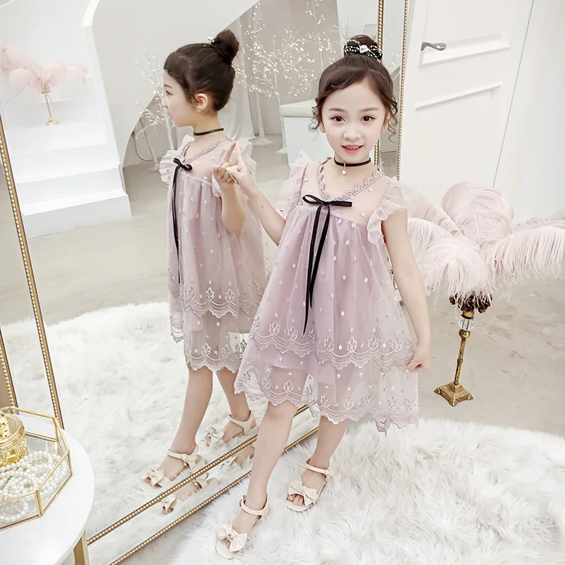 Платье для девочек летнее платье с коротким рукавом детская одежда кружевное