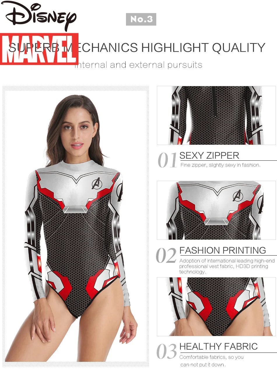 Marvel Heroes Avengers 4 Quantum Battlesuit 3D Digital Printing Long Sleeve Ladies Swimsuit Beach Swimsuit Cover Up