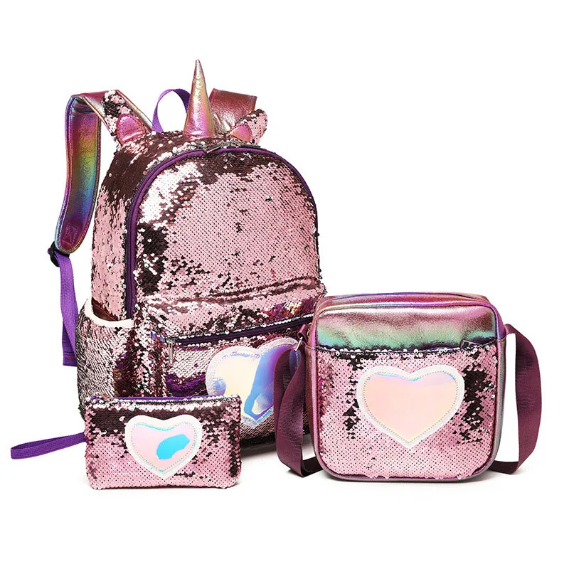 Cute 3pcs Sequins Unicorn Primary Student School Bag Set Kids Backpack for Teenager Girls Cartoon Children Christmas Gift