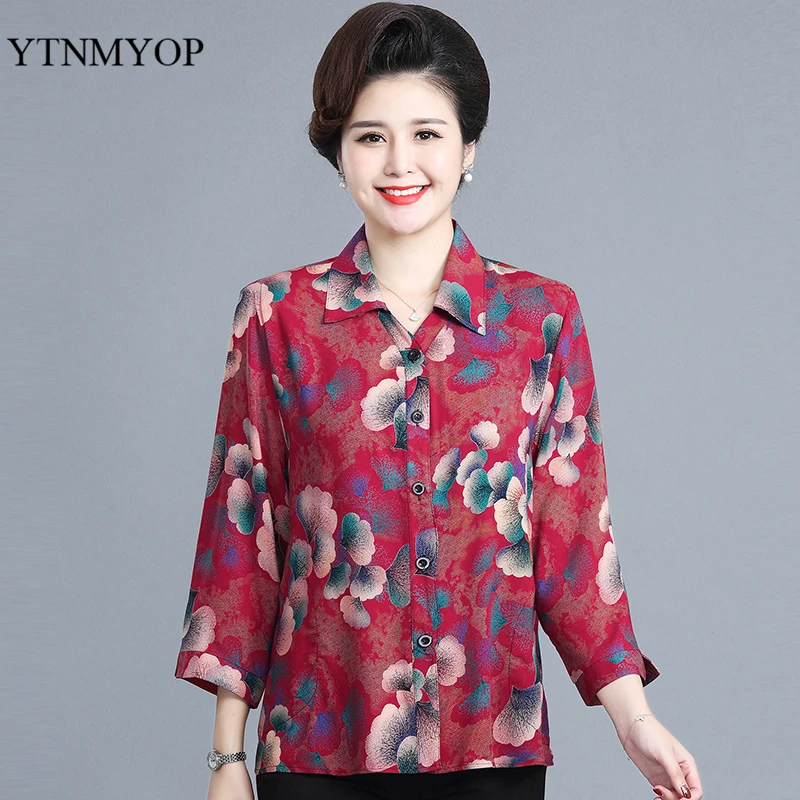 7XL Plus Blouse Spring Fashion Print Clothing Retro Floral Shirt Autumn Outerwear Blouse Female 35-65 Years Old Shirt YTNMYOP