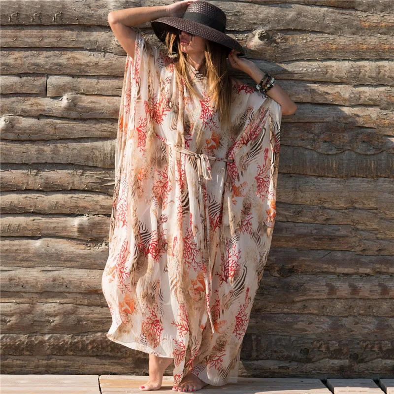 

Floral Printed Chiffon Beach Dress Maxi Bohemia Bikini Cover up Robe Plage Vestidos Playa Pareo Tunic Saida de Praia Beachwear