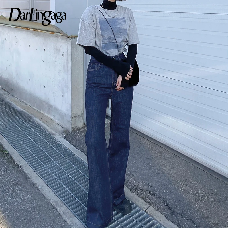 

Darlingaga Винтаж с высокой талией на талии джинсы платье из прочной тонкой ткани на пуговицах спереди женские брюки-клеш Повседневный и уличный...