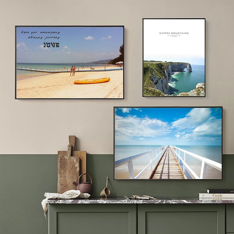 Пейзаж океана холст Постер в скандинавском стиле пляж Зеленый автобус Настенная